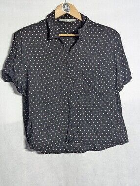 Chloe K Black & Tan Polka Dot Rayon Short Sleeve Button Down Blouse L
